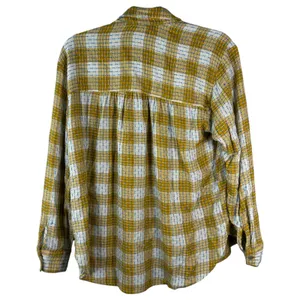 Pilcro Anthropologie Plaid Brown Cream Gauzy Long Sleeve Button Blouse Medium thumbnail 3