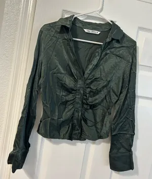 ZARA Satin Green Blouse Button-Up thumbnail 1