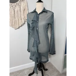 House of CB London Amiyah Gray Lurex Shirt Dress Sheer Ruffle Button-up XS thumbnail 2