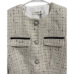 Commense Contrast Cuff Pearl Button Tweed Jacket Apricot Women's Size Small thumbnail 3