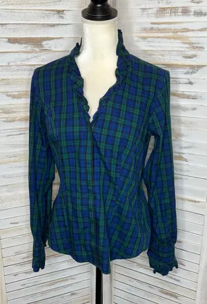 BROOKS BROTHERS Women's 8 Tartan Navy Plaid Long Sleeve Button Top Ruffle Neck thumbnail 1