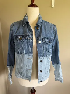 GB Distressed Denim Jacket Patchwork Jean‎ Jacket Women's XS Blue thumbnail 1