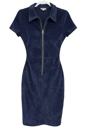 Corduroy Bodycon Dress Blue Zip Front Collared 90s Y2K Soft Stretch‎ Fitted Med thumbnail 1
