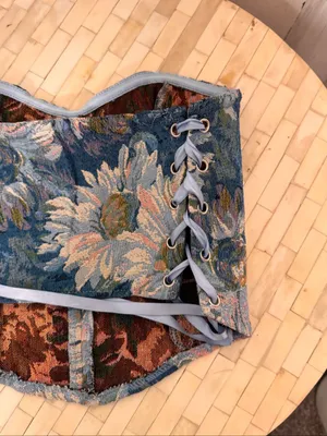 SHEIN Floral Jacquard Tapestry Corset Top Womens Extra Small XS Blue Lace Up thumbnail 2