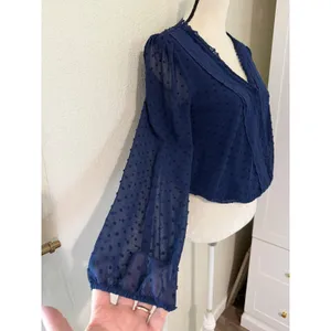 Mi Ami Navy Blue Swiss‎ Dot Lace Trim Faux Wrap Long Sleeve Blouse Medium thumbnail 3