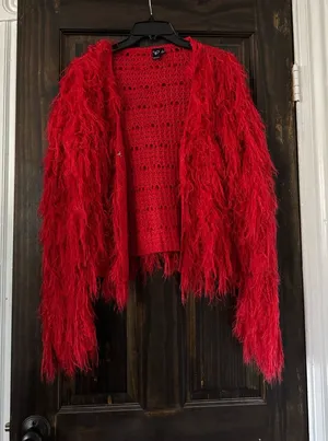 Bold Red Faux-Fur Shaggy Cardigan Sweater thumbnail 1