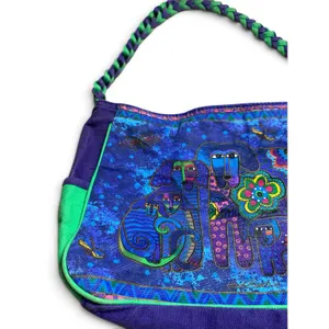 Laurel Burch Shoulder Bag Cats Dogs Purple Green Canvas Art Purse Vintage thumbnail 9