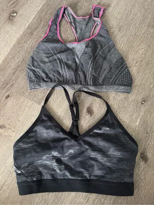 Gray Seamless Sports Bra with Pink Trim & Black Camouflage Bralette thumbnail 1