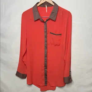Free People sheer coral satin finish trim button down long sleeve shirt top sz L thumbnail 2