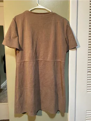 Zara Women's Size Large Short Sleeve Shift Dress Tan Brown Sweatshirt Crewneck thumbnail 7