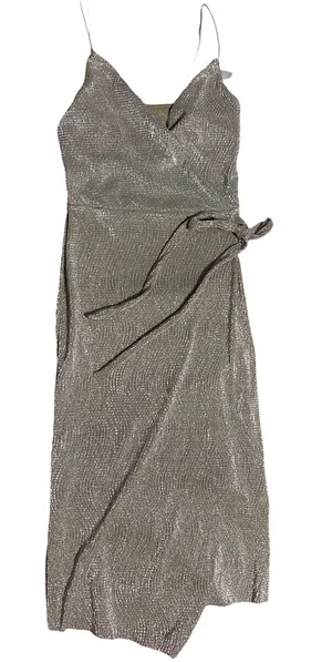 River Island Metallic Gold Wrap MIDI Dress with Tie thumbnail 1