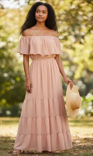Venus Pink Off The Shoulder Tiered Maxi Dress Ruffle Flounce Boho Size‎ 16 thumbnail 1