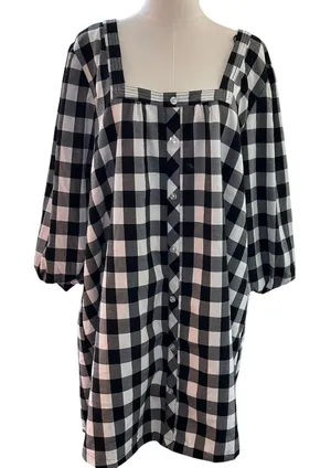Dress Black Plaid LG Balloon Sleeve Square Neck Peasant Boho Minimalist Mud Pie thumbnail 1