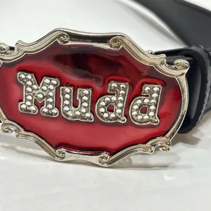 Vtg MUDD Rhinestone Spellout Belt Black Leather Red Enamel Big Statement Buckle thumbnail 3