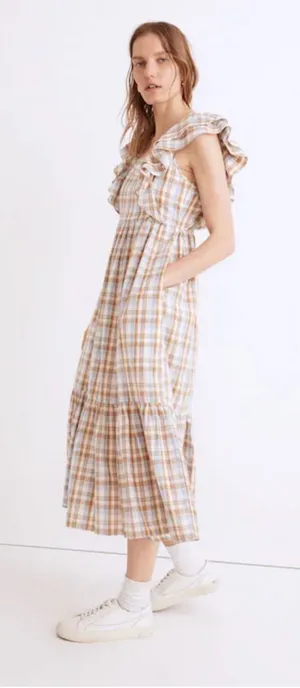 NWT Madewell Ruffle-Sleeve Tiered Midi Dress in Plaid size 10 thumbnail 1