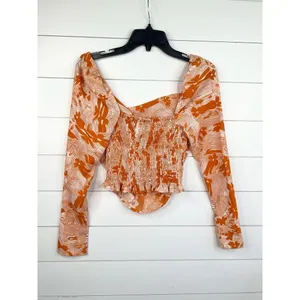 Open Edit Orange White Cowl Neck Long Sleeve Top XXS Smocked Back thumbnail 3