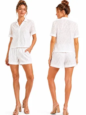 Rivir White Eyelet Button Front Top & Shorts Set Medium thumbnail 2