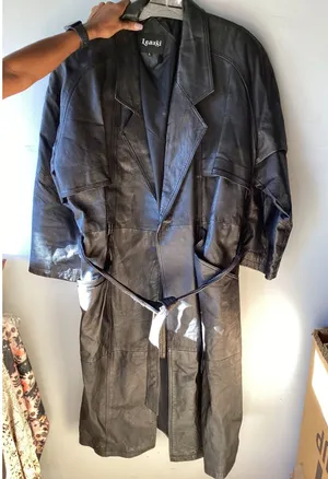 Learsi Vintage Black Leather Trench Coat Longline Belted Jacket Large thumbnail 1