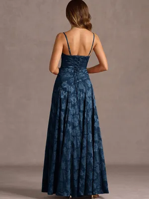 BRAND NEW Azazie Navy Blue Strapless Jacquard Evening Gown with Scarf thumbnail 2