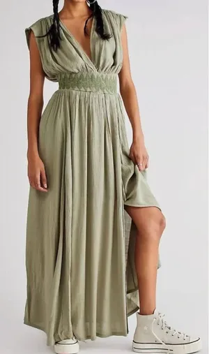 Free People Devon Ivory Black Embroidered High Slit Faux Wrap Maxi Dress S thumbnail 1