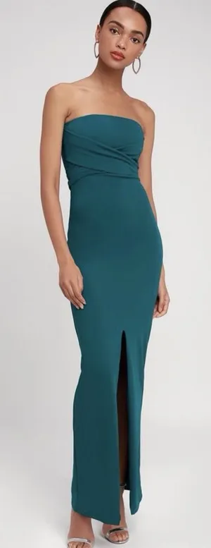 Lulus Teal Blue Strapless Maxi Dress Front Slit Evening Formal Gown XS NWT thumbnail 1