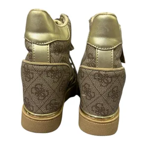 Guess Fiora Wedge Sneaker Lace and Zip Up Brown Cream Gold Shoes Womens 5 M thumbnail 7