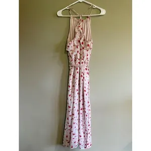 Lush Pink Red Floral Halter Maxi Dress Ruffle‎ Back Tie Waist Womens Medium thumbnail 2