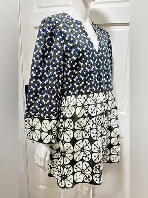 Tuckernuck 100%Cotton Boho Olive & Blue Floral Print Pleated Dress Size Large thumbnail 4