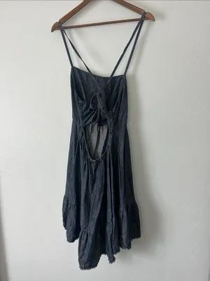 Ariat flowy dark blue open back distressed western Denim Spaghetti Midi Dress thumbnail 2