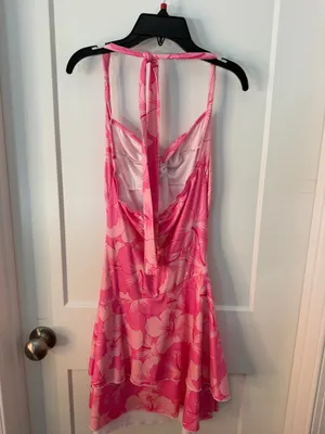 Pink Hibiscus Floral Halter Tiered Dress Size Small thumbnail 2