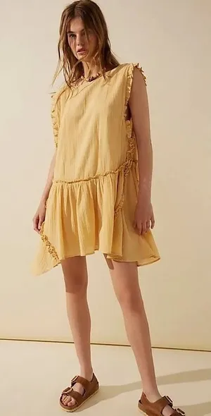 Free People 100% Cotton Ruffle Trim Crinkle Short Sweet Tunic Dress Top L thumbnail 1