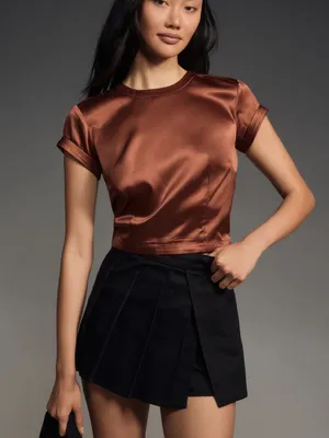 Anthropologie Copper Satin Casual Crop Baby Tee Size S thumbnail 1