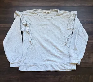 LOFT Womens Size Medium Light Gray Ruffle-Trim Pullover Sweatshirt thumbnail 1