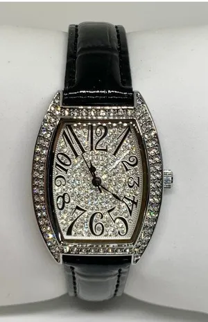 silver tone iced dial rhinestones women watch 27mm quartz black leather running thumbnail 1