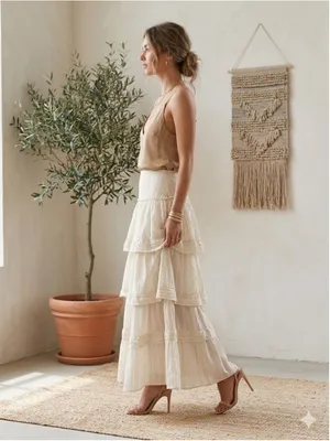 SHEIN Boho Tiered Maxi Skirt Large Tan Cream Striped Cottagecore Coastal Ruffle thumbnail 3