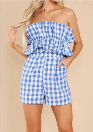 Entro Blue and White Gingham Strapless Romper thumbnail 1
