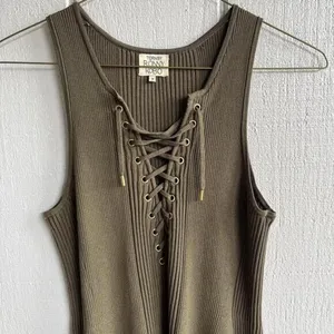 Torn by Ronny Kobo Lace Up Ribbed Knit Mini Dress‎ in Olive Green Size M thumbnail 4