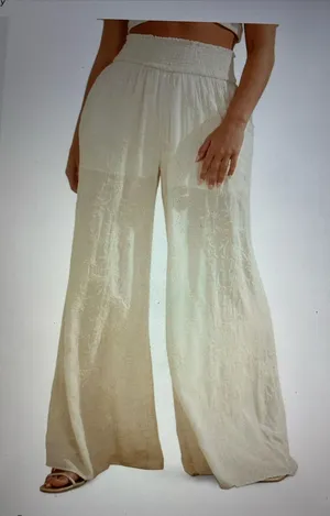 Rewash Cream Wide-Leg Smocked Waist Pants w/tonal leaf pattern thumbnail 1