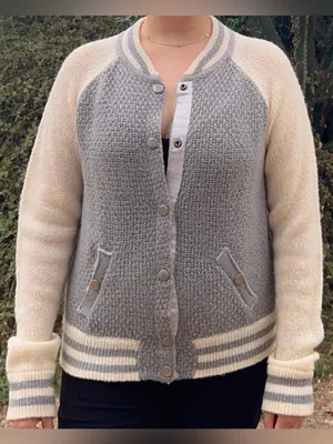 Gray & cream varsity cardigan. thumbnail 2
