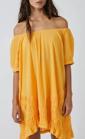 Free People 19Y So Scenic Mini Dress Yellow Cotton Boho Ruffle Oversized XS‎ thumbnail 1