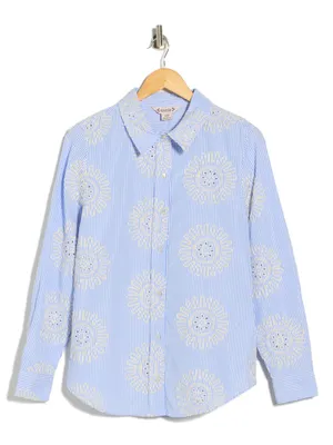 Nanette Lepore Blue and White Striped Embroidered Button-Up Shirt Floral thumbnail 2