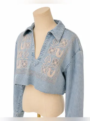 Theory Cropped Embroidered Lightweight Denim Shirt Light Wash Size Medium thumbnail 2