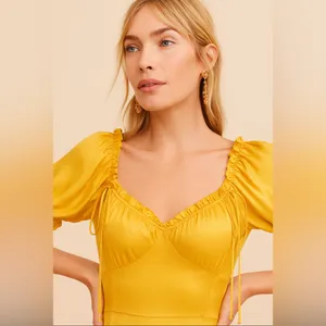 👗🌺Anthropologie Yellow Midi Dress M 6 8 Boho Cottagecore Puff Sleeve Ruffle Trim thumbnail 4