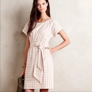 Anthropologie HD in Paris Gingham Print Short Sleeve‎ Belted Dress in Tan Size 4 thumbnail 10