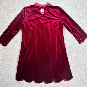 Entro Velvet Mini Dress Women's Small Red Lace Neck Scallop Hem 3/4 Sleeve thumbnail 8