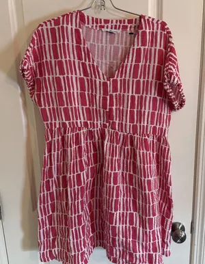 Women's Michelle McDowell Pink & White Cotton Dress‎ V Neck Elastic Waist Large thumbnail 1