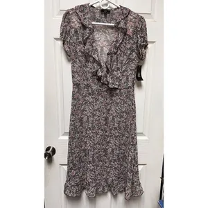 JBS Women Brown Pink Floral Ruffle V-Neck Sheer Mini Dress Size 10 NWT thumbnail 3