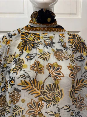 Farm Rio Silver Metallic Floral Beehive Tapestry Long Sleeve Blouse Size Medium thumbnail 4