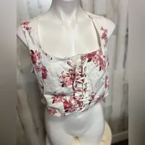 Blashe Floral Lace-Up Corset Crop Top XL White Pink Sleeveless Cottagecore thumbnail 3