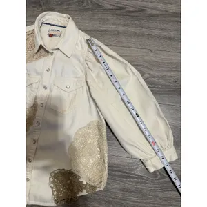 Pilcro Anthropologie XS Shirt Crochet Lace Patchwork‎ Denim Cream Puff Sleeve thumbnail 8